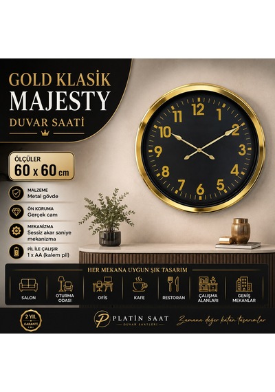 Gold Klasik Majesty 60 X 60 Cm Metal Duvar Saati