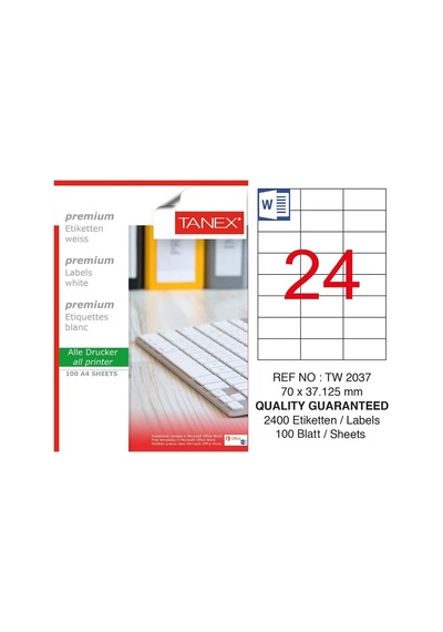 Tanex TW-2037 70x37.125mm Kuşe Laser Etiket 100 Lü Paket
