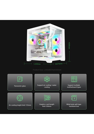 Atheron Eagle Panoramik Micro Atx Gaming Kasa 5x120mm Argb Fan 9 Port Pwm Argb Kontrolcü Temperli Cam Beyaz