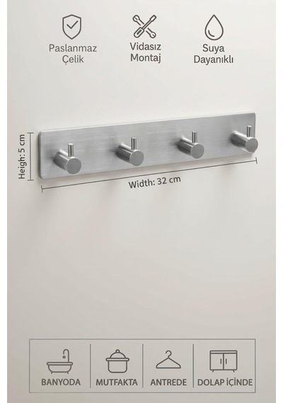 4'lü Paslanmaz Çelik Banyo Askısı, 4 Kancalı Kendinden Yapışkanlı Vidasız Duvar Askılığı, Havlu Bornoz Mutfak Askısı, 32 X 5 Cm, Gümüş Diğer