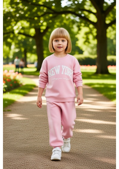 Frm Kız Çocuk Pamuklu New York Baskılı Örme Sweatshirt Ve Eşofman Alt Pembe