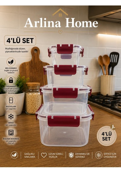 Softchef Sızdırmaz Kare 4 Lü Saklama Kabı Bordo