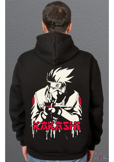 Bumeta Naruto Kakashi Red Anime Sweatshirt Unisex Kapüşonlu Hoodie Siyah