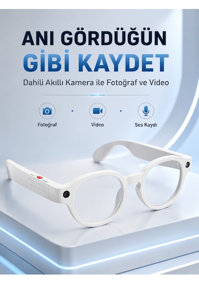 Beyaz Bluetooth Akıllı Gözlük Dahili Kameralı Fotoğraf Video Kayıt Yapay Zeka Çeviri Dokunmatik Kontrol Özellikli