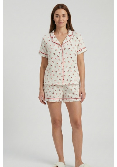 Cherry Ekru Biyeli Müslin Dokuma Şortlu Pijama Takımı Beyaz