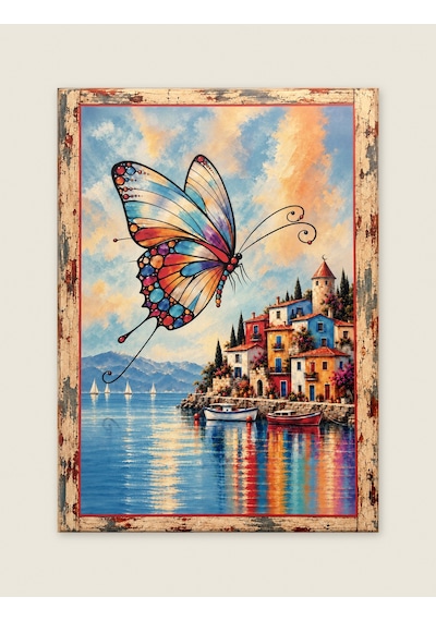 Ahşap Eskitme Çerçeve Görünümlü Kelebekli Sahil Kasabası Temalı Dekoratif Ahşap Tablo 52 X 72 Cm