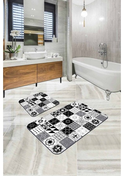 Gri Çini Desenli Banyo Halısı Klozet 2'li Paspas Seti Bs205n11