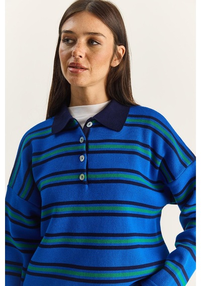 Shade Polo Yaka Çizgili Basic Triko Kazak 20258061 - Saks