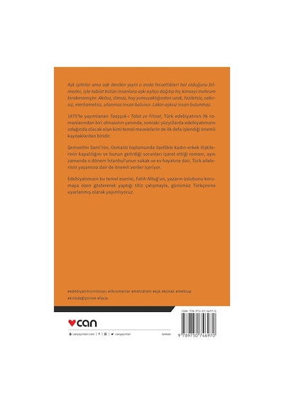 Taaşşuk-I Talat Ve Fitnat (Günümüz Türkçesiyle) - Şemseddin Sami - Can Yayınları