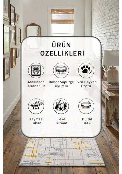 İdil Hardal Salon Mutfak Yatak Odası Yıkanabilir Yolluk Açık Gri