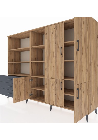 Hyperion Dolap 11 Raflı 3 Çekmeceli 5 Kapaklı 220x44x163 Çam-çam/ Çam-çam/antrasit