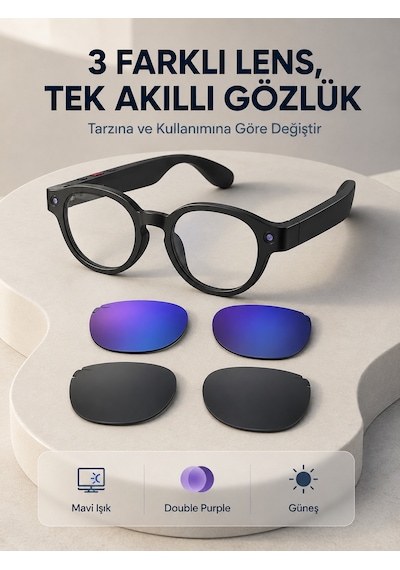Siyah Akıllı Kamera Gözlüğü Fotoğraf Video Çekimli Yapay Zeka Destekli Bluetooth Çoklu Dil Çeviri 3 Lensli - Lisinya