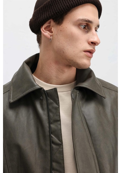 Vamos Oversize Deri Bomber Ceket Haki
