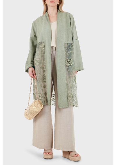 Via Dante % 100 Keten Dantel Detaylı Kimono Bayan Kimono 6909330 Haki