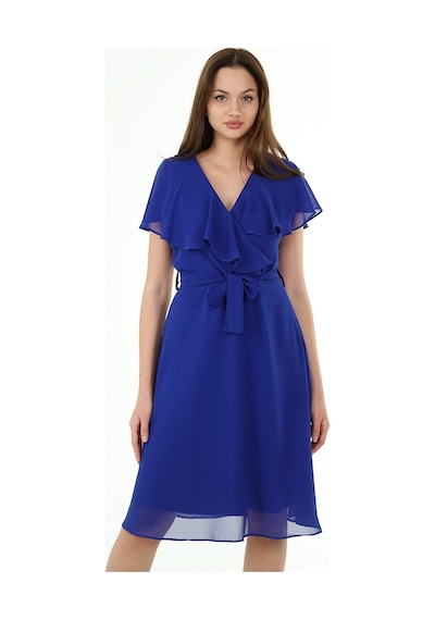 Neşeli Butik Kadın Kruvaze Yaka Bağlama Detaylı Yeni Sezon Şifon Elbise Nb8081 Saks