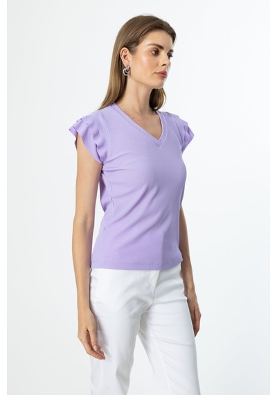 On Kadın Minimalist V Yaka Kısa Kol Bluz - Regular Fit Lila