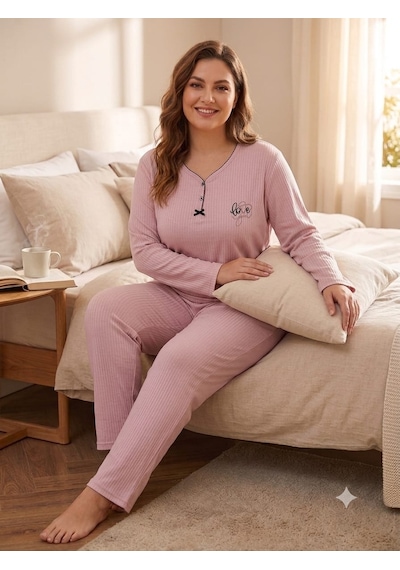 Büyük Beden Uzun Kol Pamuklu Likralı İnterlok Kumaş Pijama Takımı 8739 Pembe