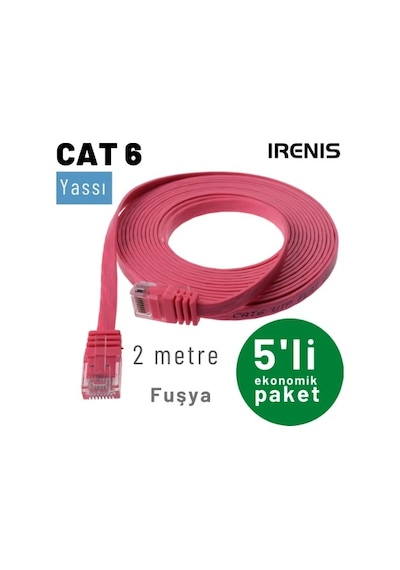 Irenıs 5 Adet 2 Metre Fuşya Cat6 Kablo Yassı Ethernet Network Lan Ağ İnternet Kablosu