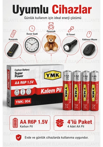 Ymk Aa R6p 1.5v Karbon Kalem Pil 4'lü Paket Kumanda, Saat, Oyuncak Ve El Feneri İçin Ekonomik Pil