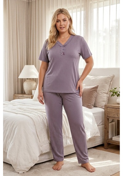 Eyfuze Kadın Büyük Beden Desenli Yakası Düğmeli Kısa Kollu Bambu Pijama Takımı Lila-2