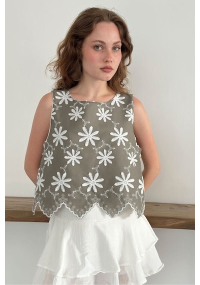 Verymoda Nakışlı Kolsuz Bluz D2872 Haki