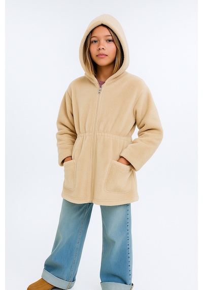 Esila Kids Kız Çocuk Ceket Peluş Kapüşonlu Uzun Kollu Kışlık Ceket 4-9 Yaş Bej