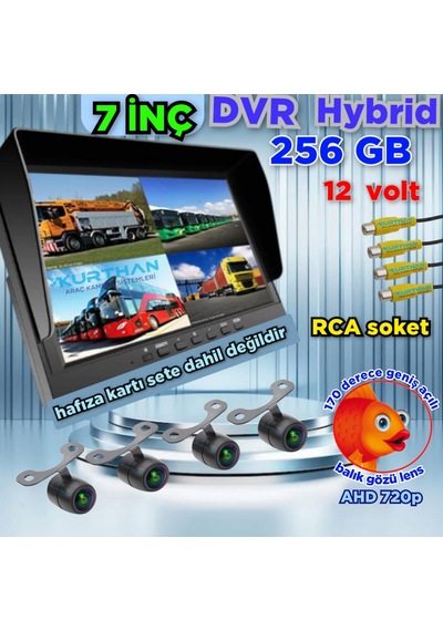 4 Adet Ledsiz Ahd 720p Balık Gözü Lens Kelebek Kamera 7 İnç Qled Hybrid Dvr Monitör 12 Volt 256 Gb
