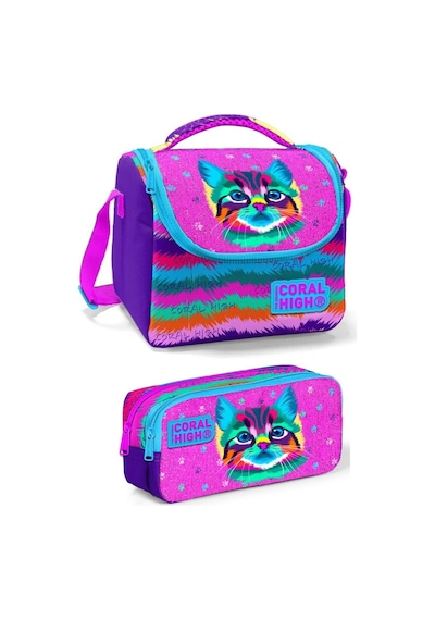 Coral High Mor Kedi Kız Çocuk Beslenme Çantası Seti