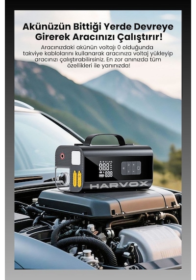 Harvox Süpürgeli Jump Starter Akü Takviye Cihazı 18.000mah 10 İn 1 Powerbank, Hava Kompresörü, Lcd Ekran,