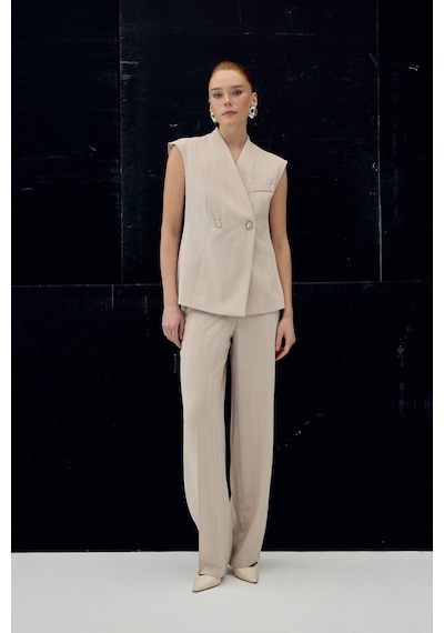 Sateen Anna Çizgili Pantolon - Bej-137091 Bej