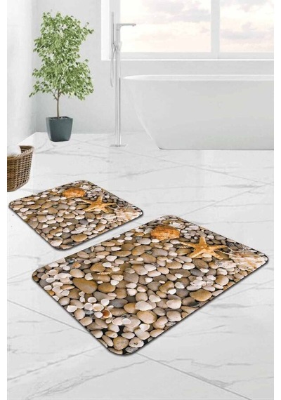 Bej Deniz Kabuklu Banyo Halısı Klozet 2'li Paspas Seti Bs214n11