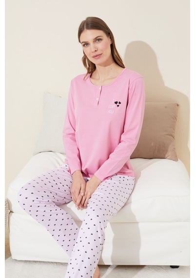 Siyah İnci Düğmeli Pamuklu Örme Pijama Takım 24240101 Pembe