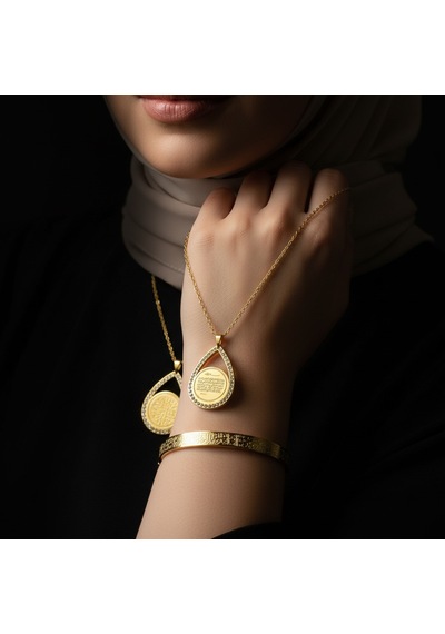 Armut Model Kolye Ve Ayetel Kürsi Bileklik Seti Gold Renk Çelik İslami Takı Altın