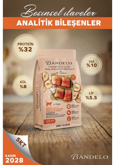 Bandelo Kısırlaştırılmış Somonlu Yetişkin Kuru Kedi Maması 750 Gr - Kilo Kontrolü, Tüy Sağlığı ve Koku Önleyici Etkili