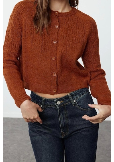 Ersefa Kadın Modern Tarz Regular Bisiklet Yaka Crop Triko Hırka Tarçın