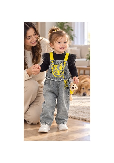Messlife Sarı Askılı Gri Denim Salopet Ve Tül Detaylı Kız Çocuk Takımı Gri - 929241594 Gri