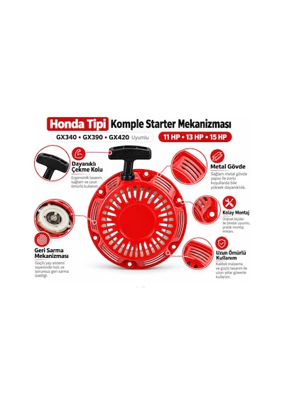 Algaride Honda Tipi Uyumlu Komple İpli Marş Starter Gx340 Gx390 Gx420 11hp 13hp 15hp Benzinli Motorlar İçin Metal Gövdeli Çekme Starteri