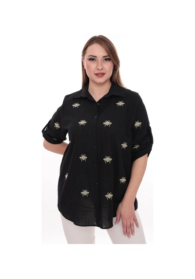 Lady Majestic Büyük Beden Kadın Gömlek Pamuk Arı Nakış Detaylı Rahat Kesim Şık Günlük Gömlek Siyah 44 Lady Majestic Büyük Beden Kadın Gömlek Pamuk Arı Nakış Detaylı Rahat Kesim Şık Günlük Gömlek Siyah 44