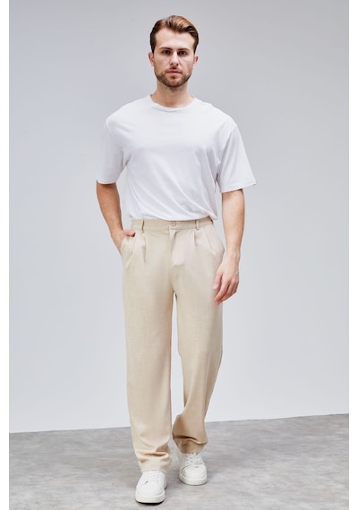 HLT Jeans Erkek Bej Çift Pileli Rahat Kesim Beli Lastikli Bol Paça Baggy Pantolon Albert-1991 Bej