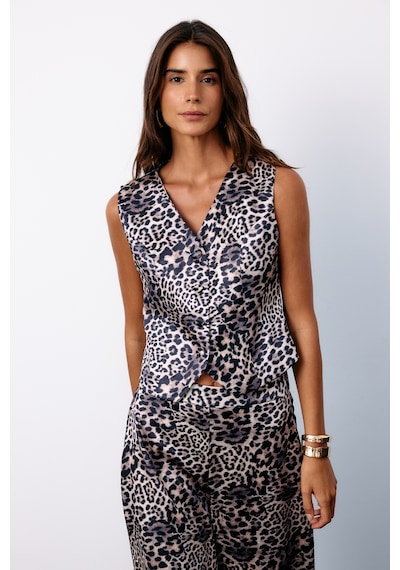 Sateen Kruvaze Leopar Saten Yelek - Gri-135187 Gri
