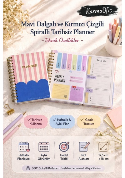 Mavi Dalgalı Kırmızı Çizgili Spiralli Tarihsiz Planner Haftalık&aylık Planlayıcı 17,5 X 18 Cm Diğer
