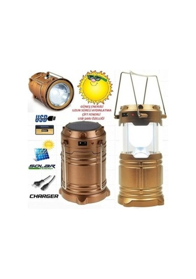 Solar Güneş Enerjili Şarjlı Led Kamp Feneri Lamba Usb Bronz