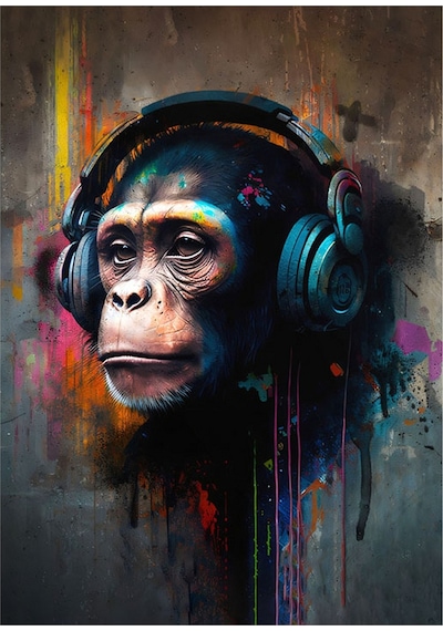 Kulaklıkla Müzik Dinleyen Maymun Hediyelik Ahşap Tablo 35cm X50cm