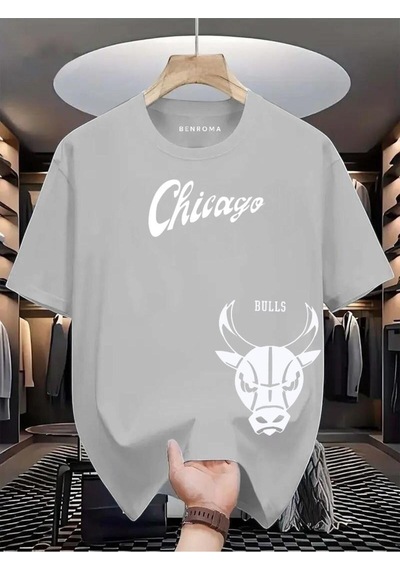 Chıcago Bulss Baskılı Oversize Tişört Gri