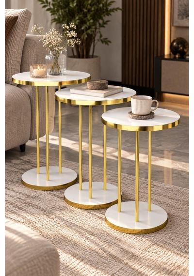 Sulorahome Beyaz Yuvarlak Zigon Sehpa Takımı - 3'lü Gold Ayaklı Beyaz - Altın