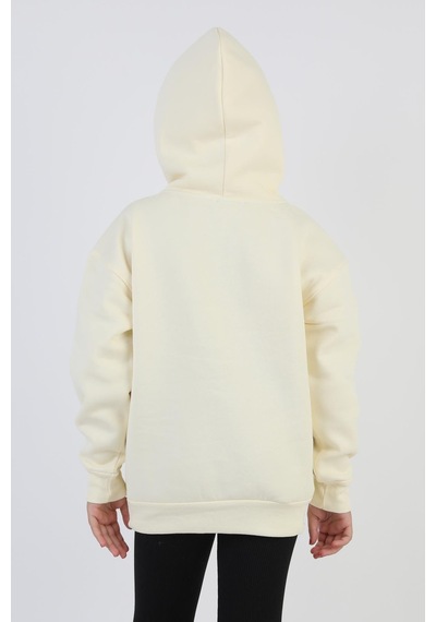 Kapşonlu Love Baskılı Kanguru Cepli Kız Çocuk Sweatshirt-90859 Krem