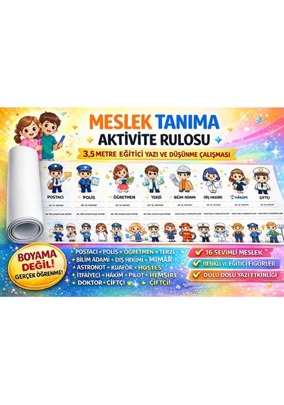 Meslek Tanıma Aktivite Rulosu 5 Metre Eğitici Boyama Ve Yazı Çalışması Astronot, Mimar, Diş Hekimi