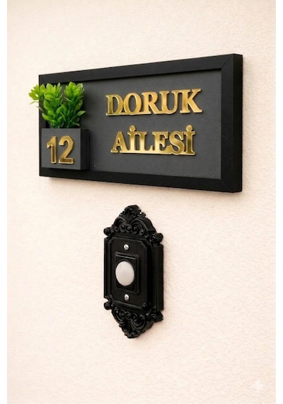 Kişiye Özel Ahşap Kapı İsimliği Çiçekli Gold 10x20 Cm Mdf Dekoratif Kapı Tabelası Antrasit-gold