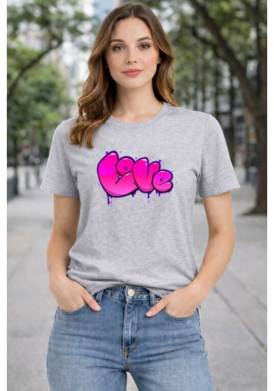 Herkesemoda Love Baskı Detaylı Basic T-shırt Gri