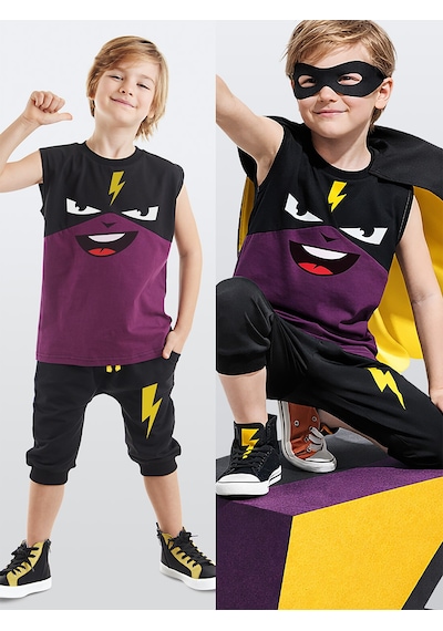 Denokids Şimşek Maske Erkek Çocuk T-shirt Kapri Şort akım